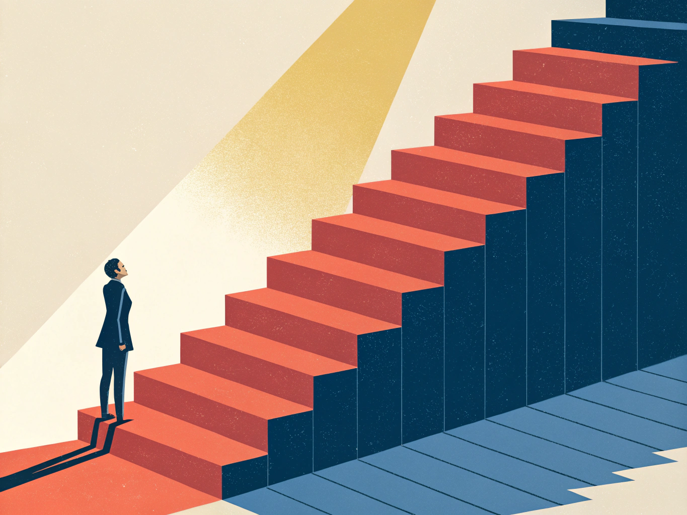 EDITORIAL ILLUSTRATION: An ascending staircase of bold geometric blocks in graduated shades from coral to deep navy, each ...