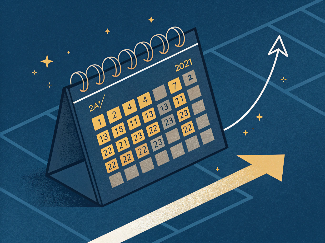 EDITORIAL ILLUSTRATION: En stiliserad kalender med markerade datum som lyser i varmt guld mot en djup marinblå bakgrund. G...