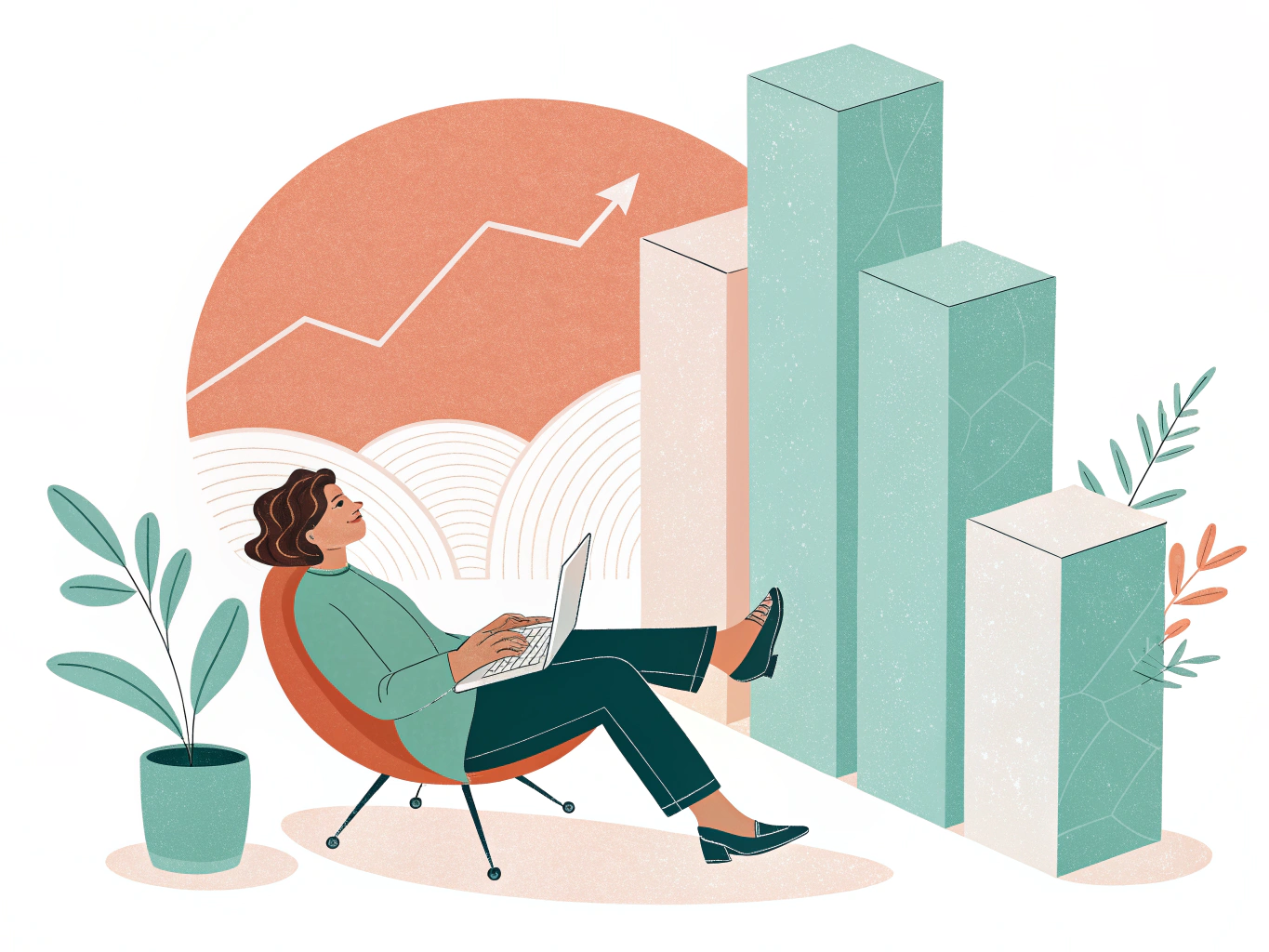 EDITORIAL ILLUSTRATION: En person som lutar sig tillbaka i en stol med en laptop, omgiven av flytande geometriska former s...