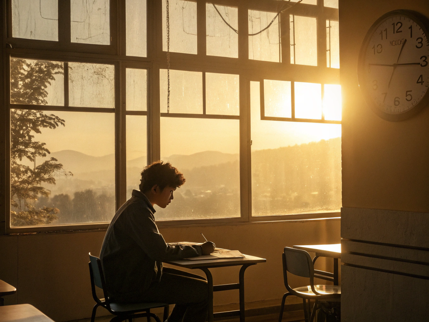 CINEMATIC PHOTOGRAPHY: En ensam student sitter vid ett minimalistiskt skrivbord i gyllene morgonljus som strömmar genom st...