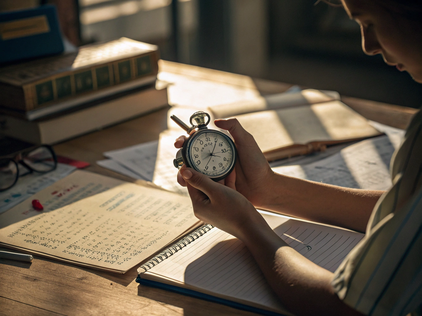 CINEMATIC PHOTOGRAPHY: En students händer håller en stoppur ovanför spridda övningspapper och anteckningar på ett välorgan...