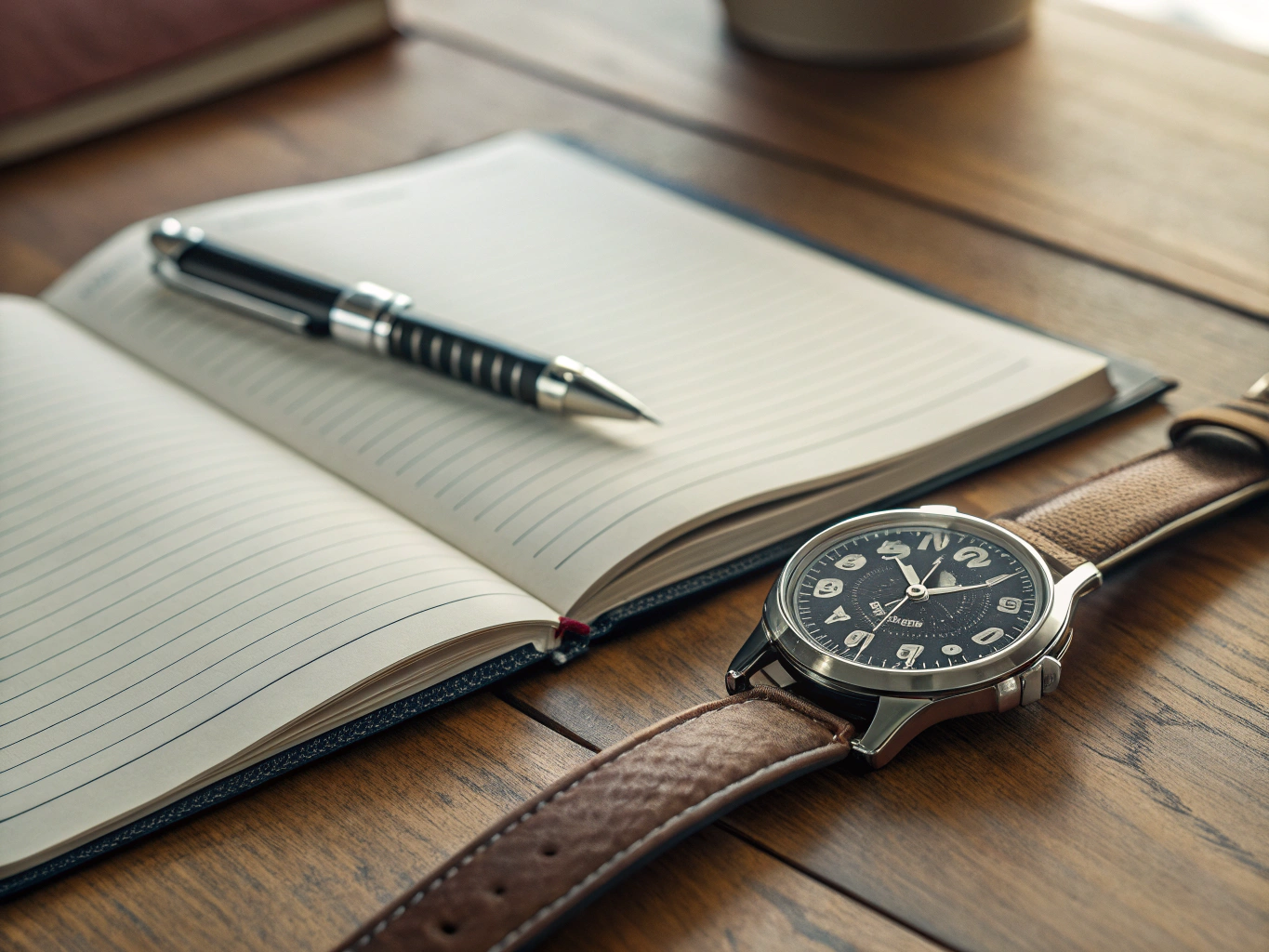 CINEMATIC PHOTOGRAPHY: Närbild ovanifrån av en öppen provbok på ett träskrivbord, en mekanisk blyertspenna ligger bredvid,...