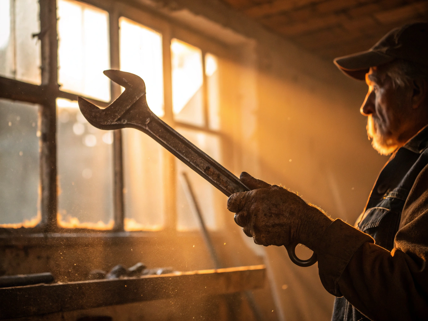 CINEMATIC PHOTOGRAPHY: A close-up of weathered hands gently holding an old, rust-covered wrench against soft workshop ligh...