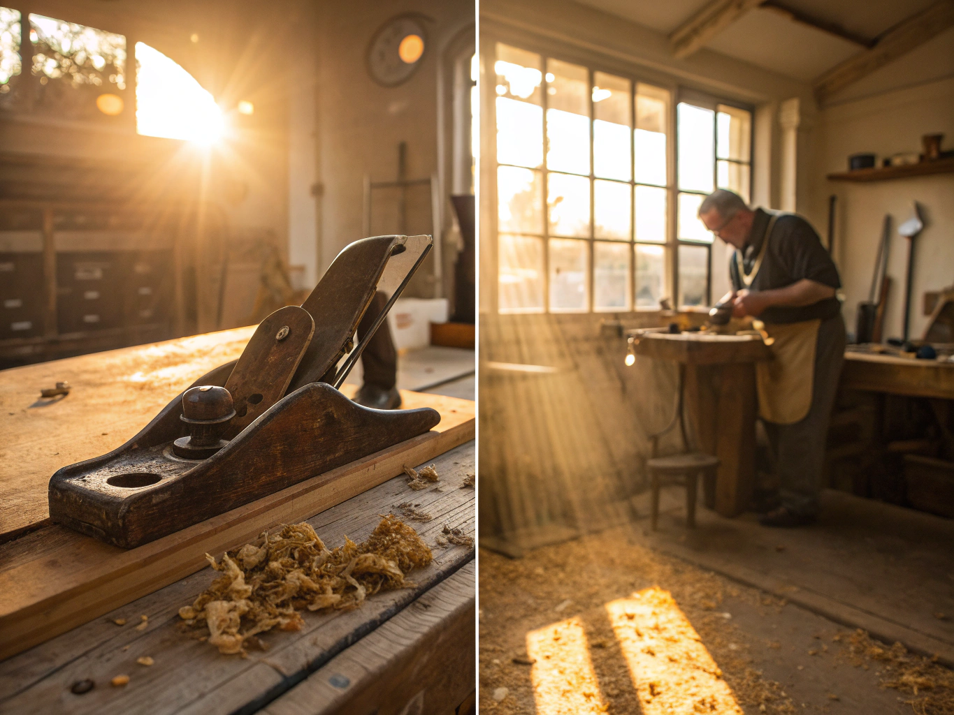 CINEMATIC PHOTOGRAPHY: A before-and-after diptych showing the same vintage hand plane. Left side shows it covered in rust ...