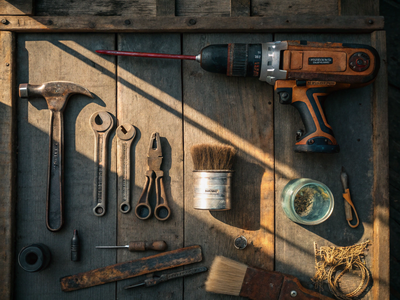 CINEMATIC PHOTOGRAPHY: A flatlay composition of various tool types arranged on a weathered wooden workbench, each showing ...