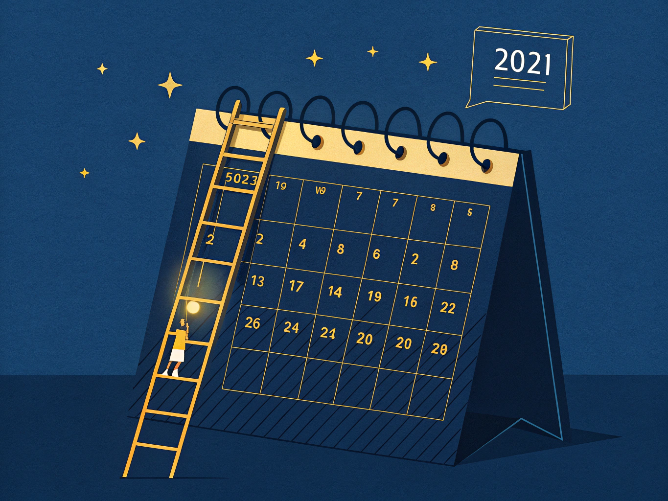 EDITORIAL ILLUSTRATION: En stiliserad kalender med två markerade datum som lyser upp i varmt guld mot en djupblå bakgrund,...