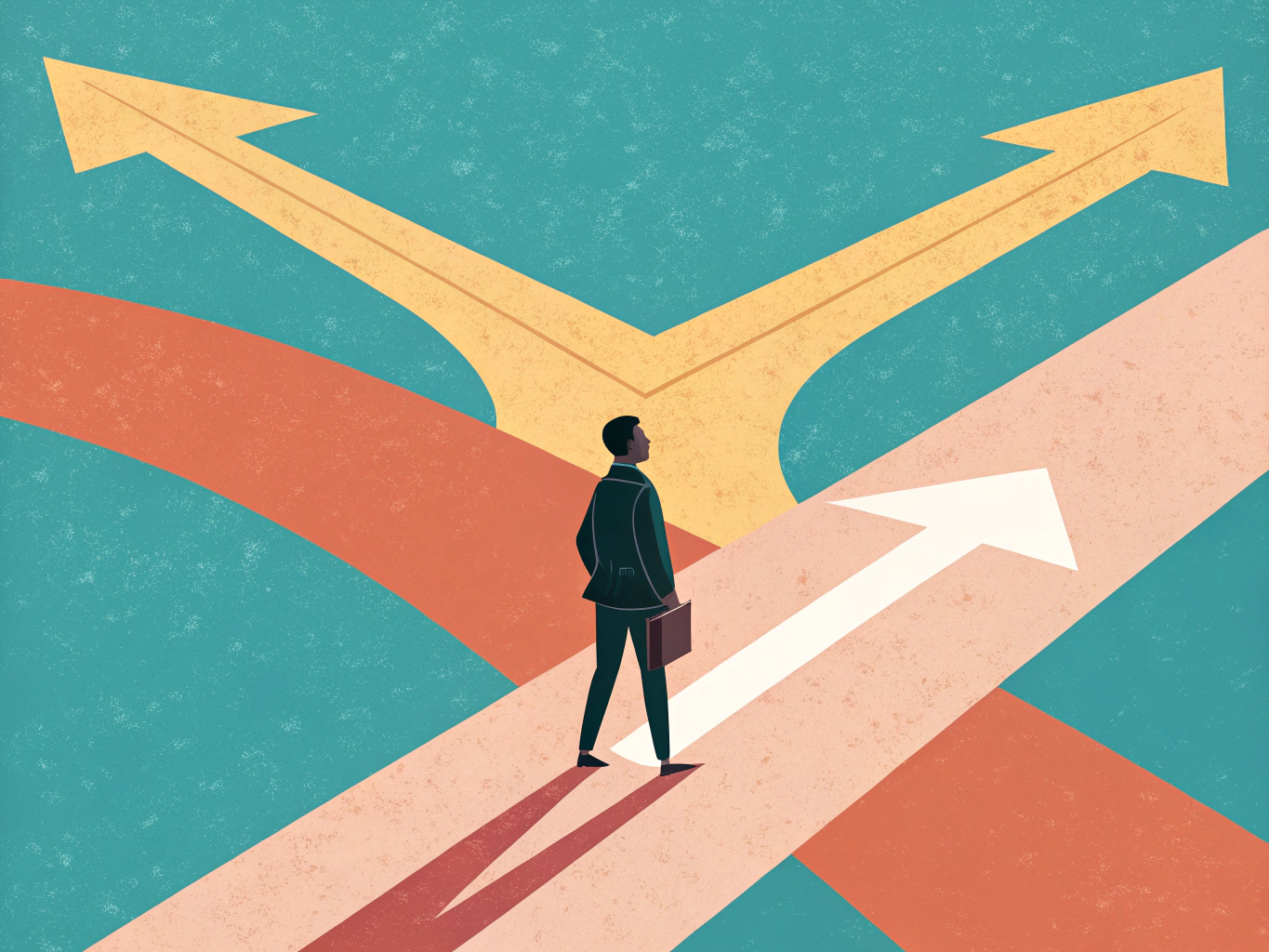 EDITORIAL ILLUSTRATION: En person som står vid ett vägskäl där tre vägar divergerar uppåt mot horisonten, varje väg repres...