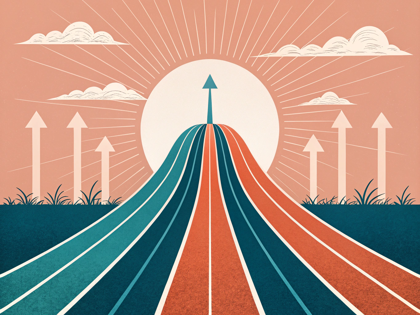 EDITORIAL ILLUSTRATION: Flera parallella stigar som alla leder uppåt mot samma ljusa horisont, några stigar är raka medan ...