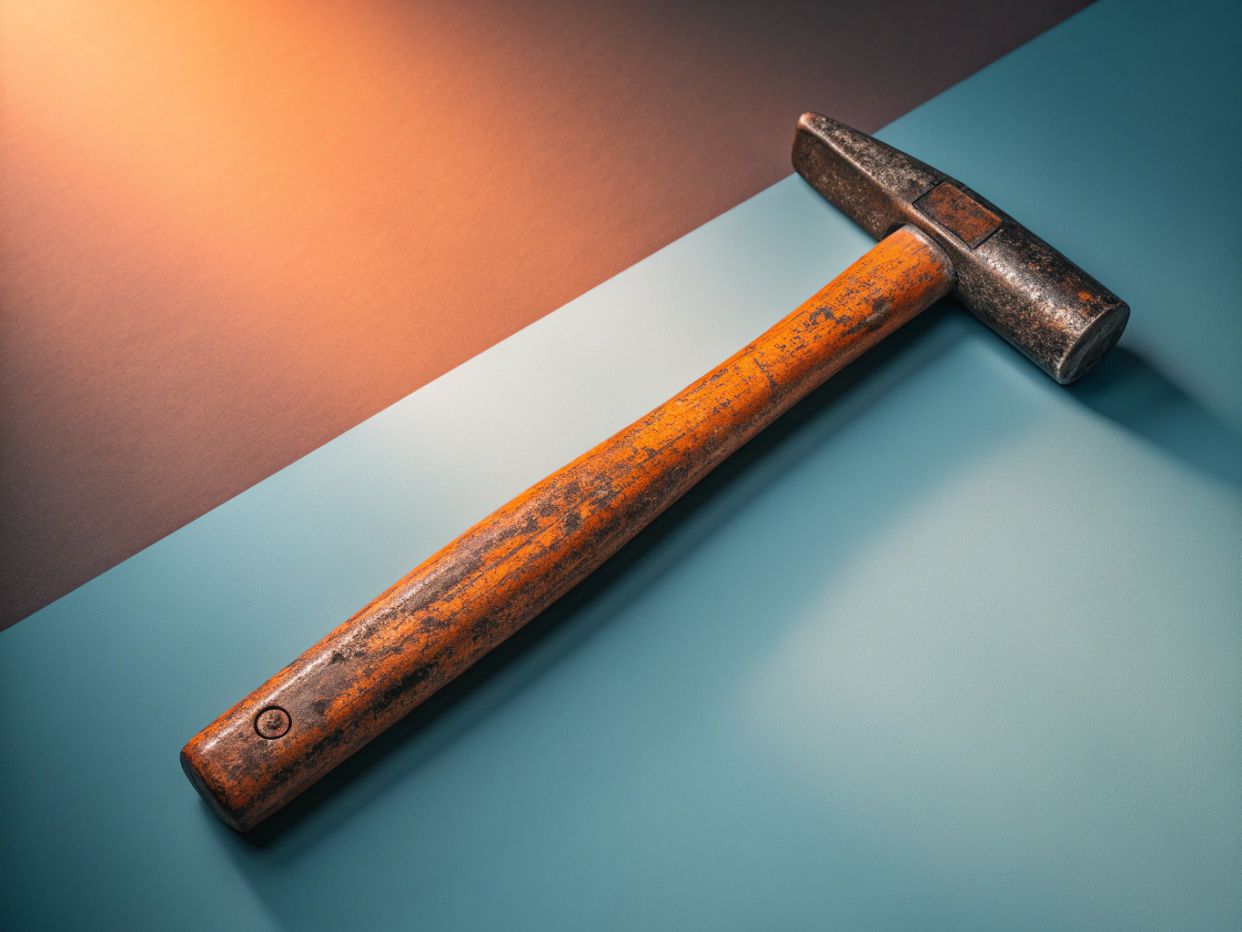PRODUCT PHOTOGRAPHY: A single vintage hand tool, half covered in textured orange rust and half gleaming clean metal, suspe...