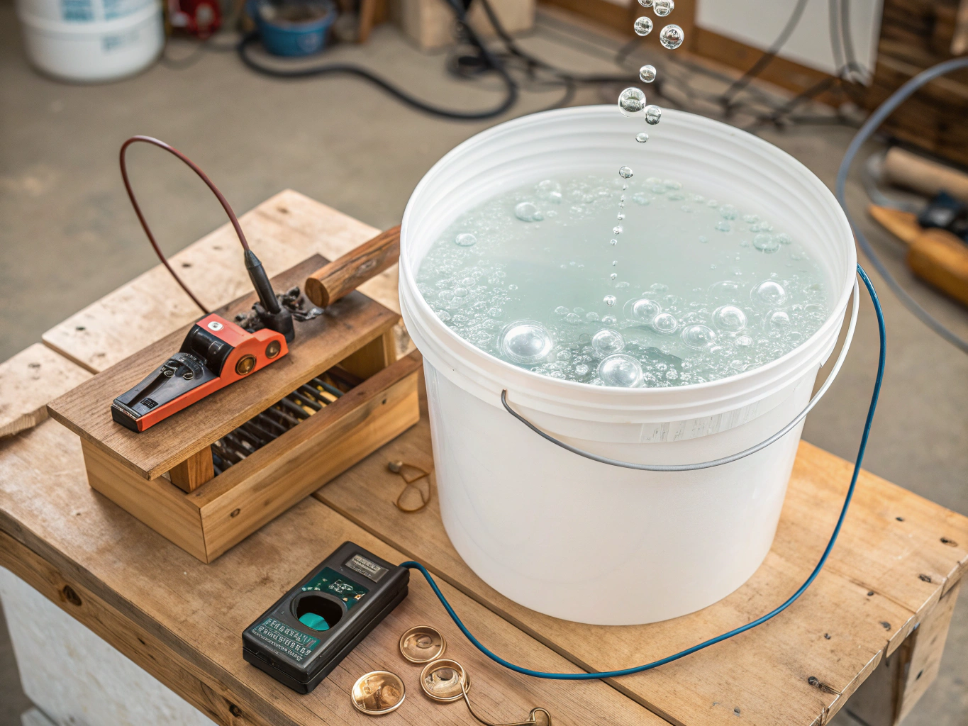 PRODUCT PHOTOGRAPHY: Overhead view of a pristine five-gallon plastic bucket containing clear electrolyte solution with gen...