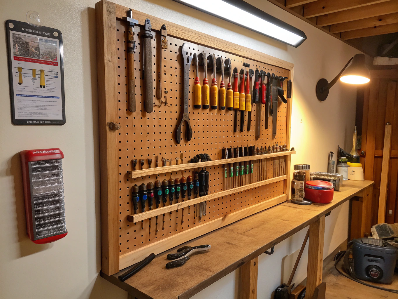 PRODUCT PHOTOGRAPHY: Beautifully organized tool pegboard with restored vintage hand tools hanging in perfect arrangement, ...