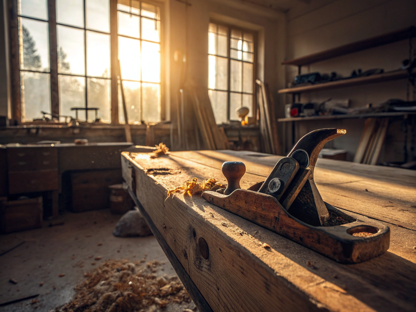 CINEMATIC PHOTOGRAPHY: A weathered vintage hand plane resting on a sunlit wooden workbench, morning light streaming throug...