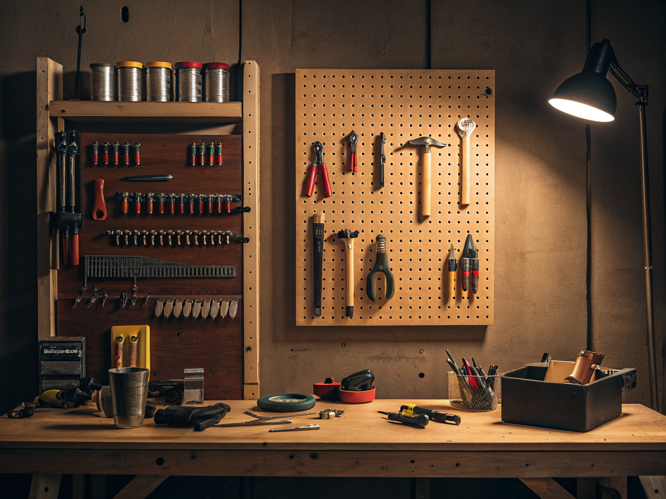CINEMATIC PHOTOGRAPHY: An organized pegboard wall displaying pristine hand tools in perfect arrangement, soft workshop lig...