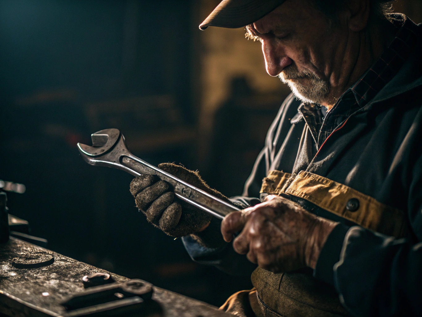 CINEMATIC PHOTOGRAPHY: Close-up of a craftsperson's weathered hands carefully working on a restored wrench, the metal glea...