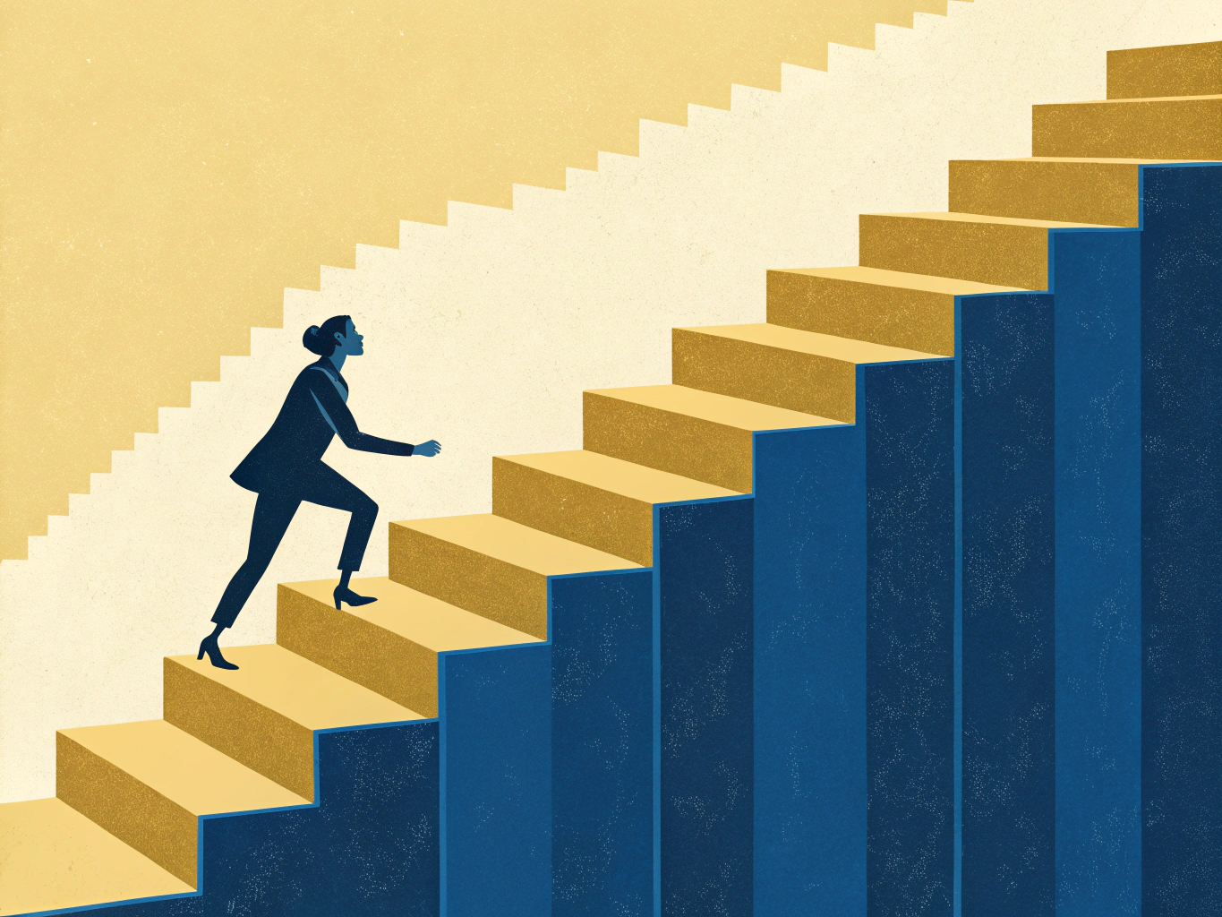 EDITORIAL ILLUSTRATION: Flera stigande geometriska trappsteg i djupt marinblått och guld, varje steg representerar ett pro...