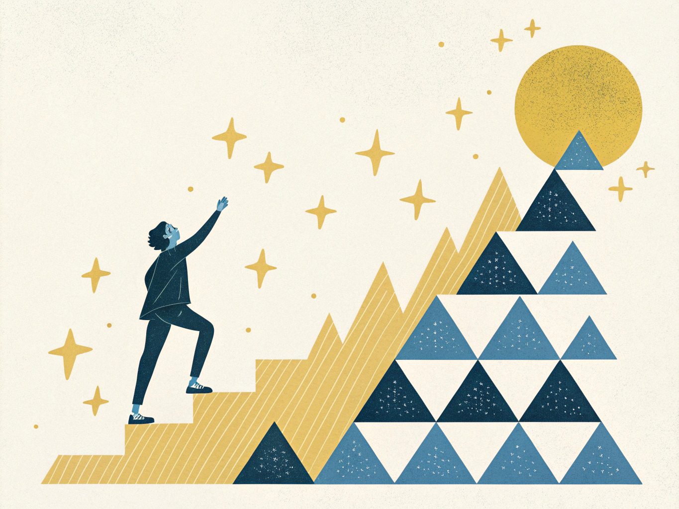 EDITORIAL ILLUSTRATION: En elegant vertikal skala representerad av geometriska former i stigande storlek, från små marinbl...