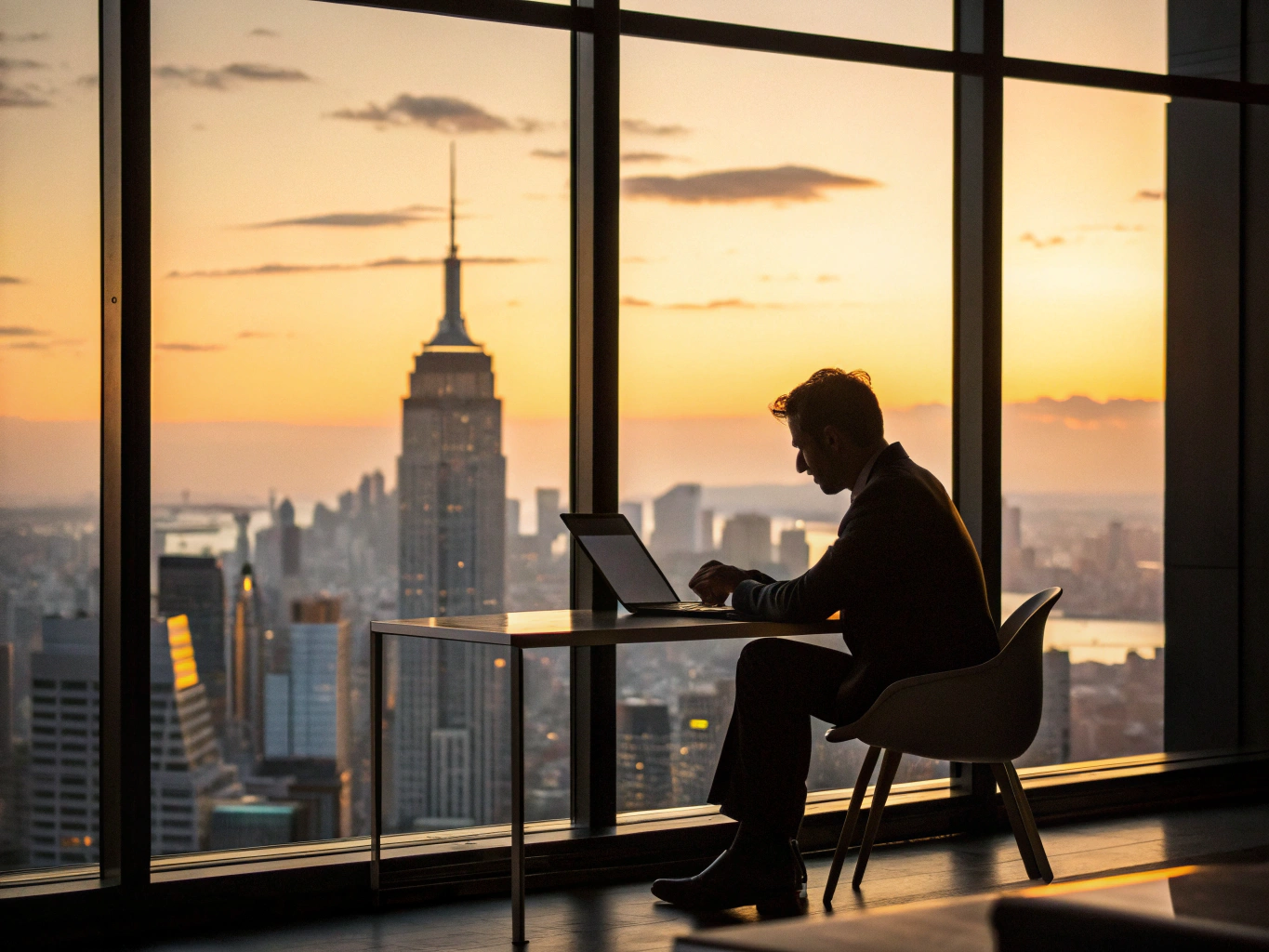 CINEMATIC PHOTOGRAPHY: A professional's silhouette against floor-to-ceiling windows overlooking a city skyline at golden h...