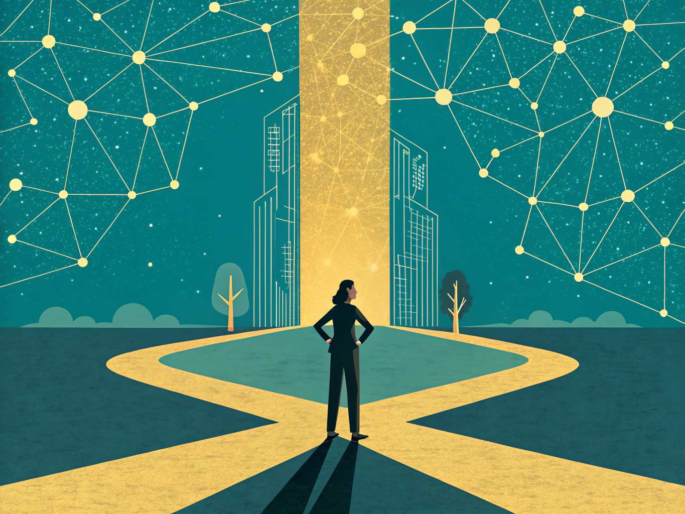 EDITORIAL ILLUSTRATION: A silhouetted figure stands at a crossroads, facing a towering digital landscape of interconnected...