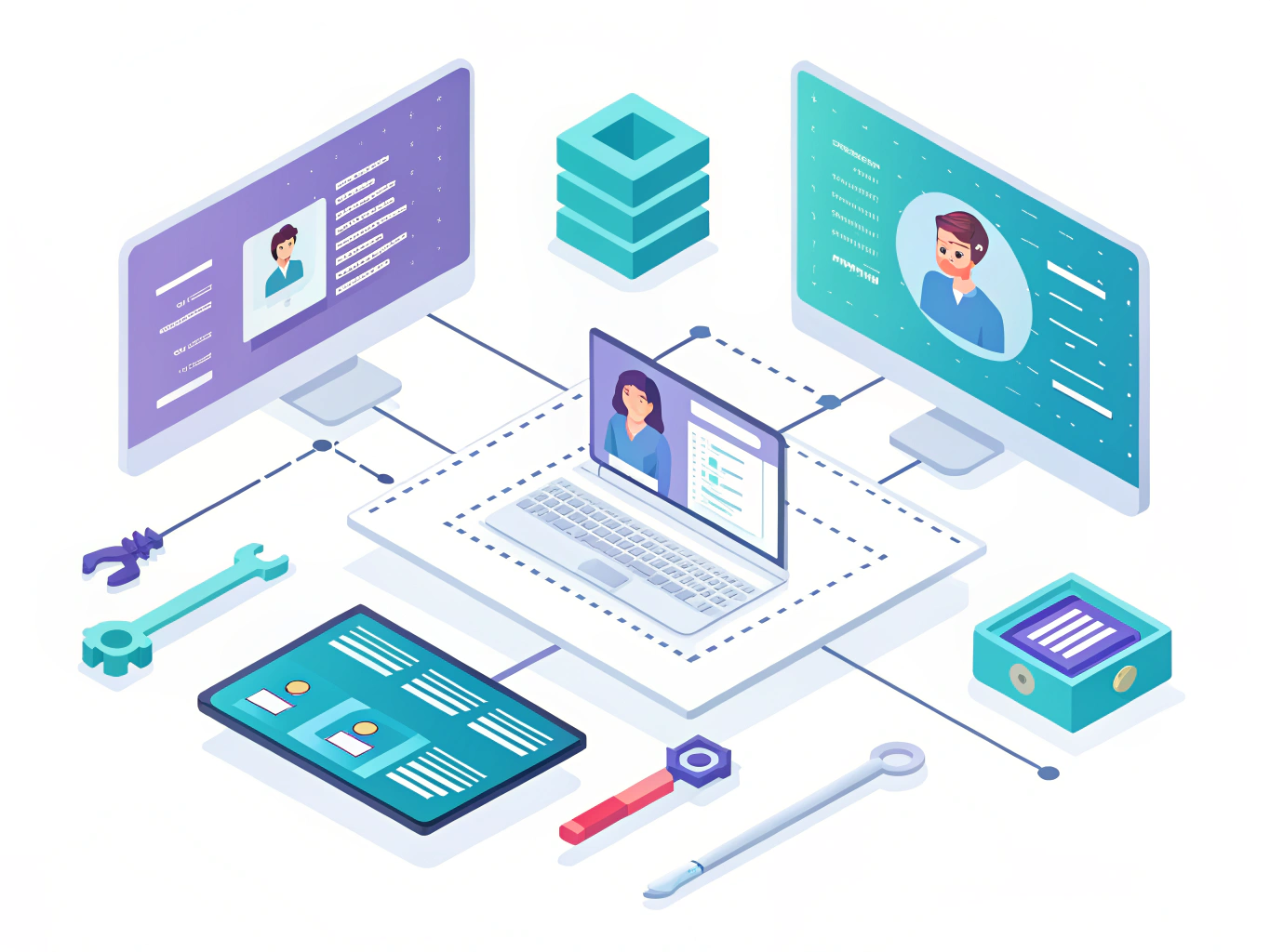 ISOMETRIC ILLUSTRATION: A bird's-eye view of a digital workspace with multiple floating windows and tools arranged at 45-d...