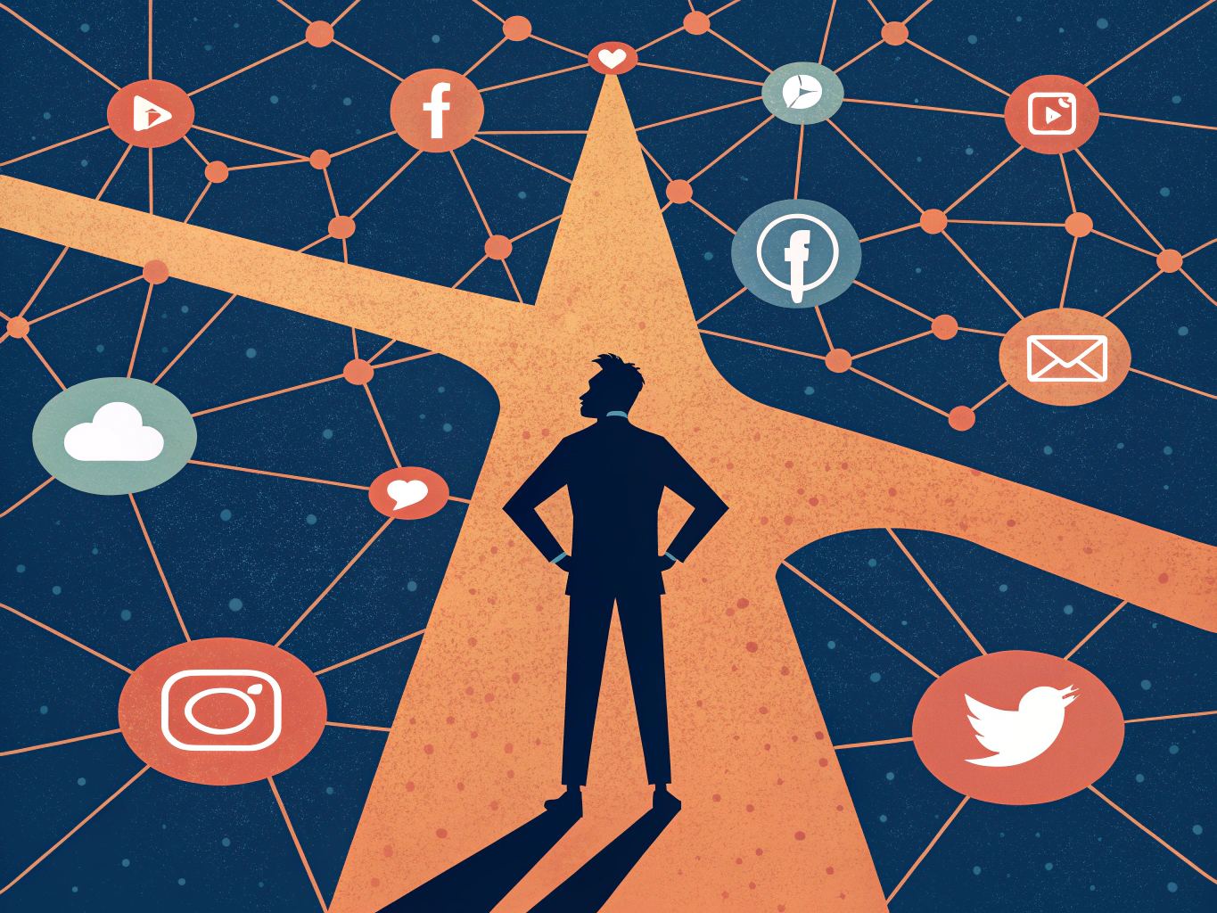 EDITORIAL ILLUSTRATION: A confident professional silhouetted against a sprawling digital landscape of glowing nodes and co...