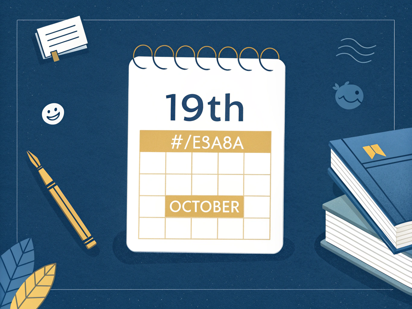 EDITORIAL ILLUSTRATION: Ett stort kalenderblad visar oktober månad med den 19:e markerad i djup blå och guld, omgiven av s...