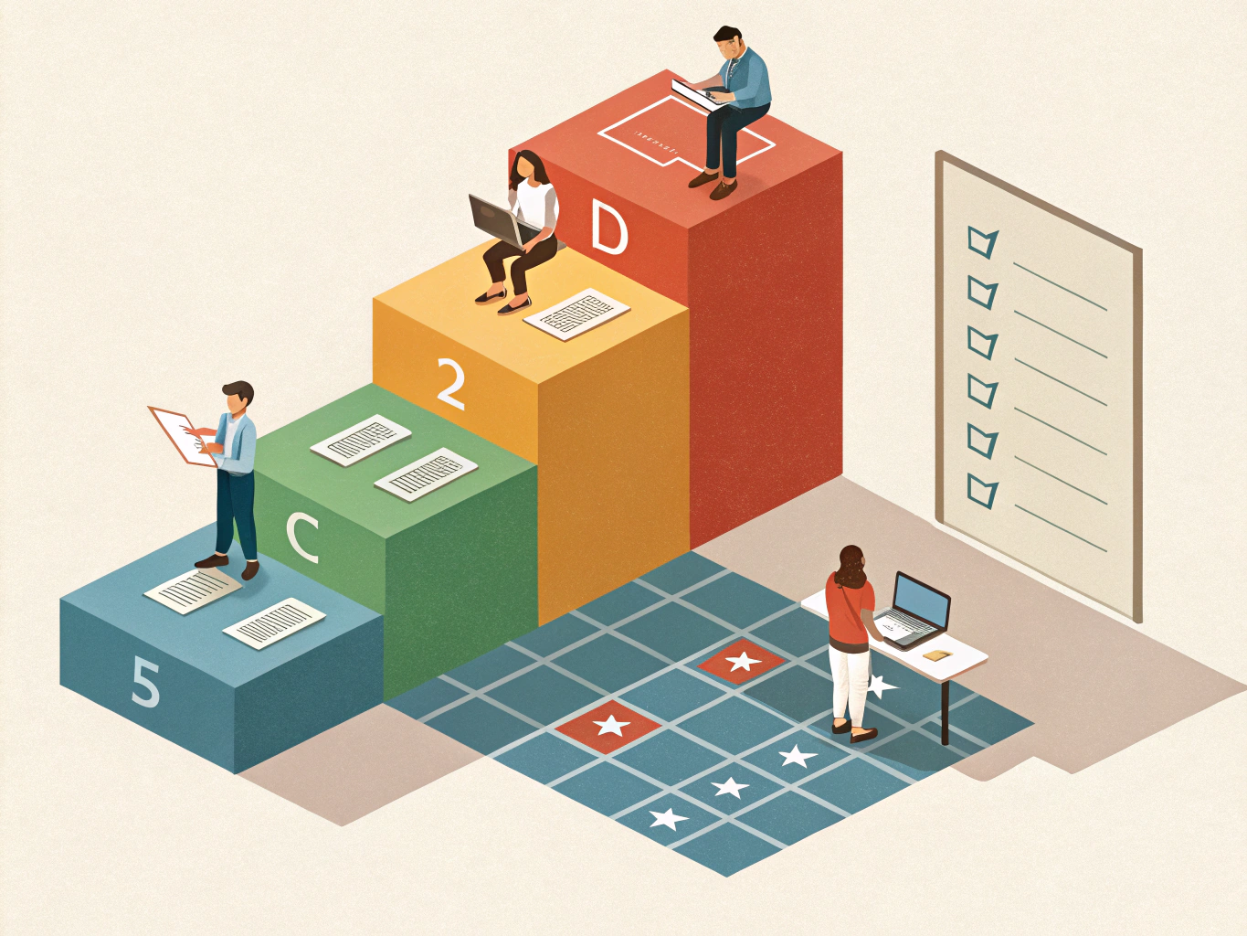ISOMETRIC ILLUSTRATION: En tredimensionell representation av högskoleprovet uppgifter visar olika färgade block för varje ...