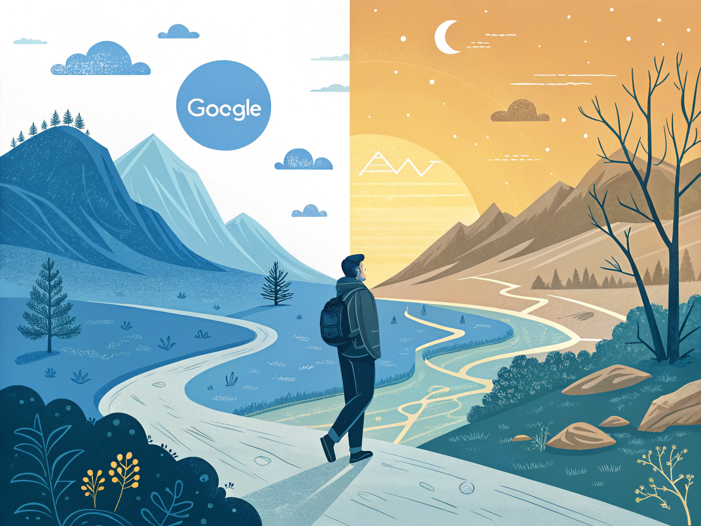 EDITORIAL ILLUSTRATION: A panoramic vista showing a digital landscape transforming from left to right. The left side depic...