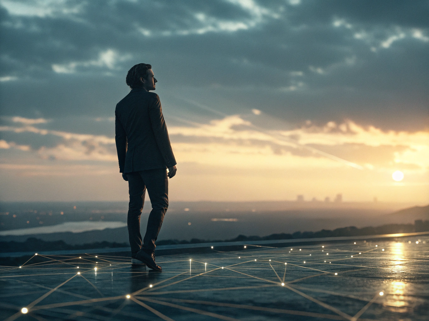 CINEMATIC PHOTOGRAPHY: A determined professional at dawn, standing at the edge of a vast digital landscape with networks o...