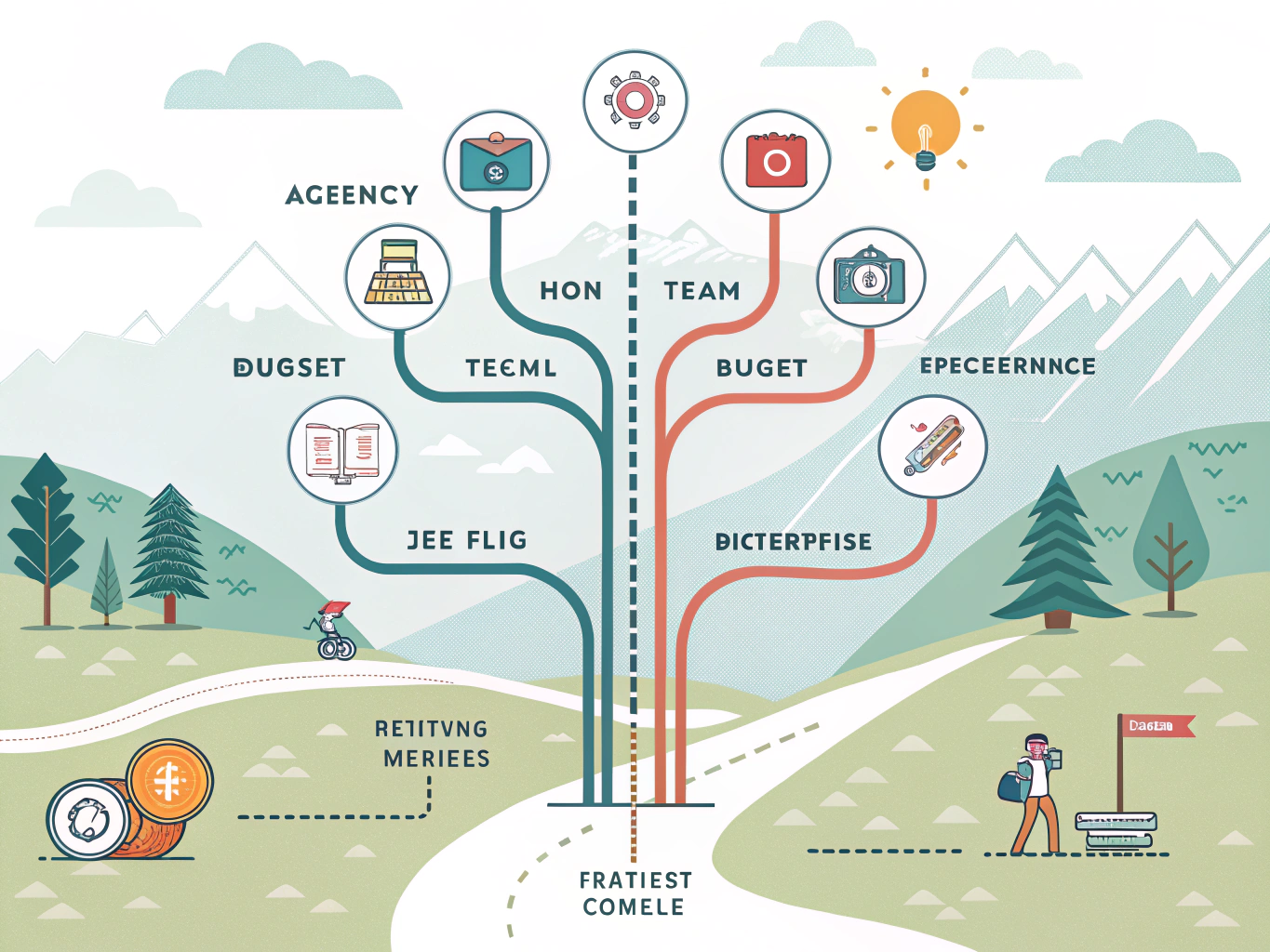 EDITORIAL ILLUSTRATION: A flowchart-style diagram rendered as an artistic landscape. Starting from a central hub, multiple...