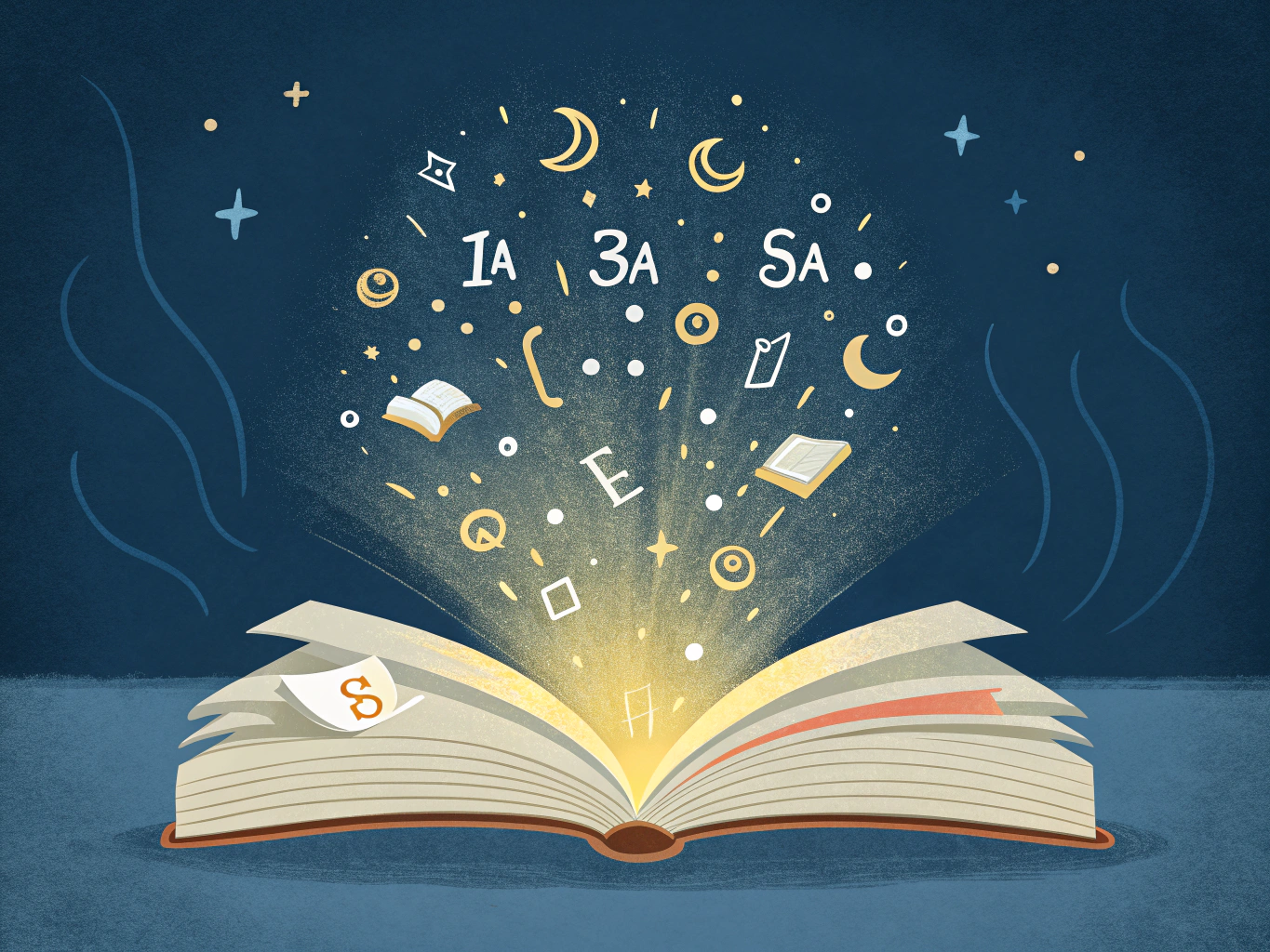 En bok med glödande bokstäver som stiger upp från sidorna i spiralform, omgiven av varierande storlekar på ord som flyter ...