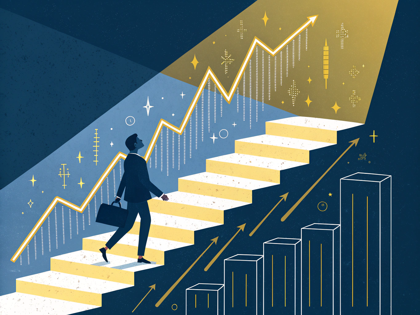 EDITORIAL ILLUSTRATION: A professional figure ascending a luminous spiral staircase of geometric platforms, each step glow...