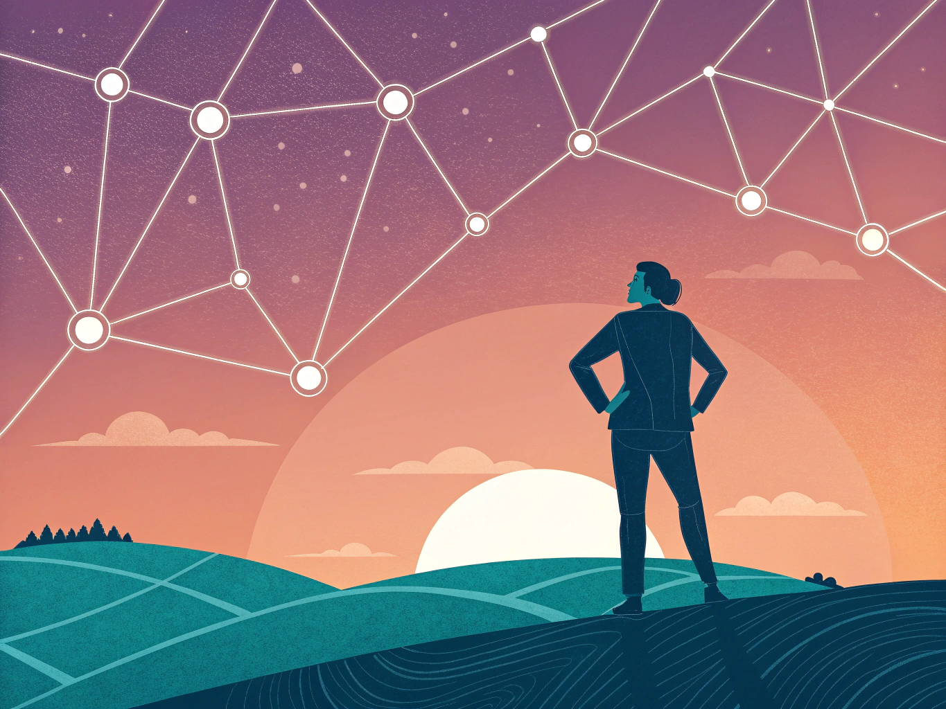 EDITORIAL ILLUSTRATION: A visionary scene showing a professional figure at the edge of a glowing horizon, gazing across a ...