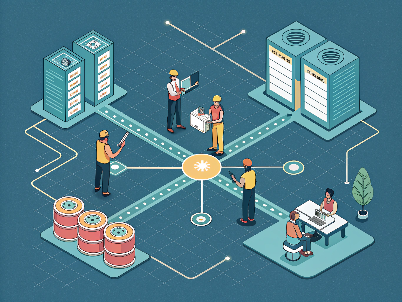 ISOMETRIC ILLUSTRATION: A bird's-eye view of interconnected platforms and tools flowing together into a central hub, with ...