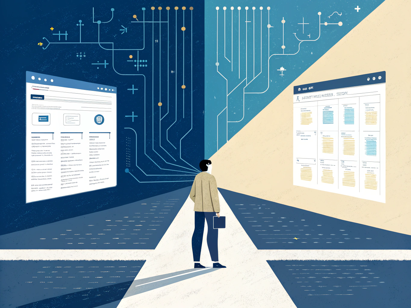 EDITORIAL ILLUSTRATION: A digital landscape split vertically down the middle. On the left, a traditional search results pa...
