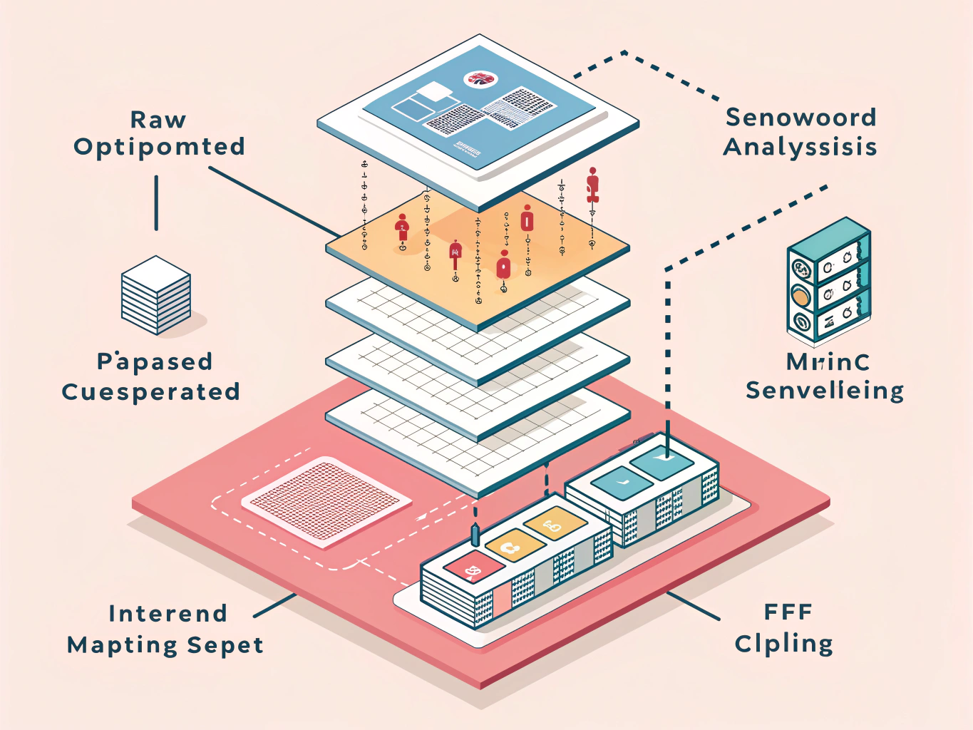 ISOMETRIC ILLUSTRATION: A layered cross-section showing how AI processes content. Bottom layer shows raw text being parsed...