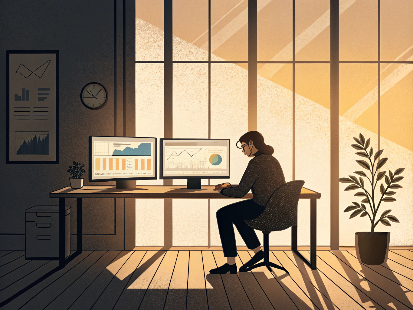 CINEMATIC PHOTOGRAPHY: A professional at a minimalist desk with dual monitors displaying analytics dashboards, soft golden...