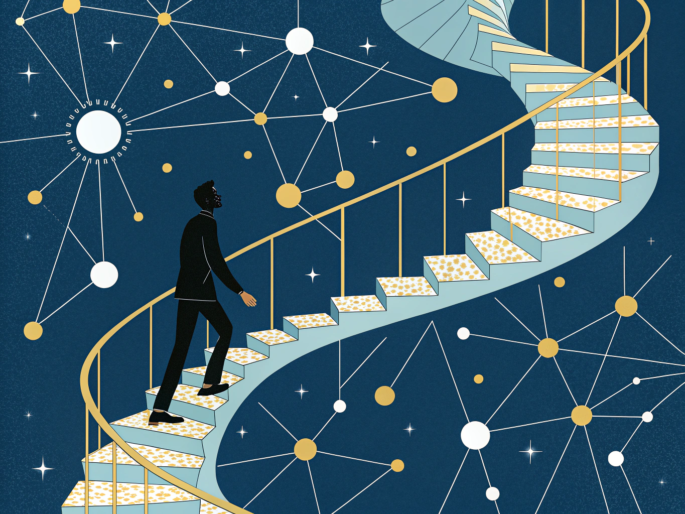 EDITORIAL ILLUSTRATION: A professional silhouette ascending a spiral staircase of interconnected nodes and glowing network...