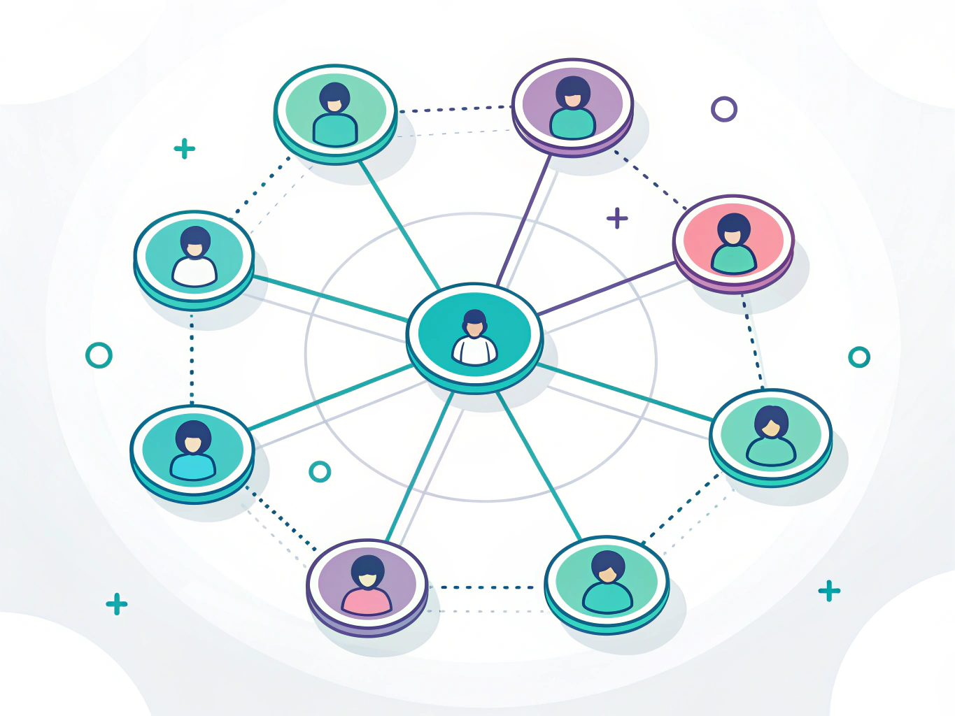 ISOMETRIC ILLUSTRATION: A network of connected circles and nodes expanding outward from a central point, with glowing line...