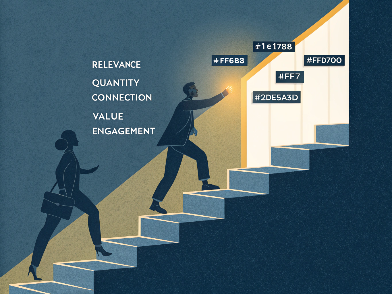 EDITORIAL ILLUSTRATION: Five ascending steps forming a staircase, each step labeled with a strategy principle (Relevance, ...