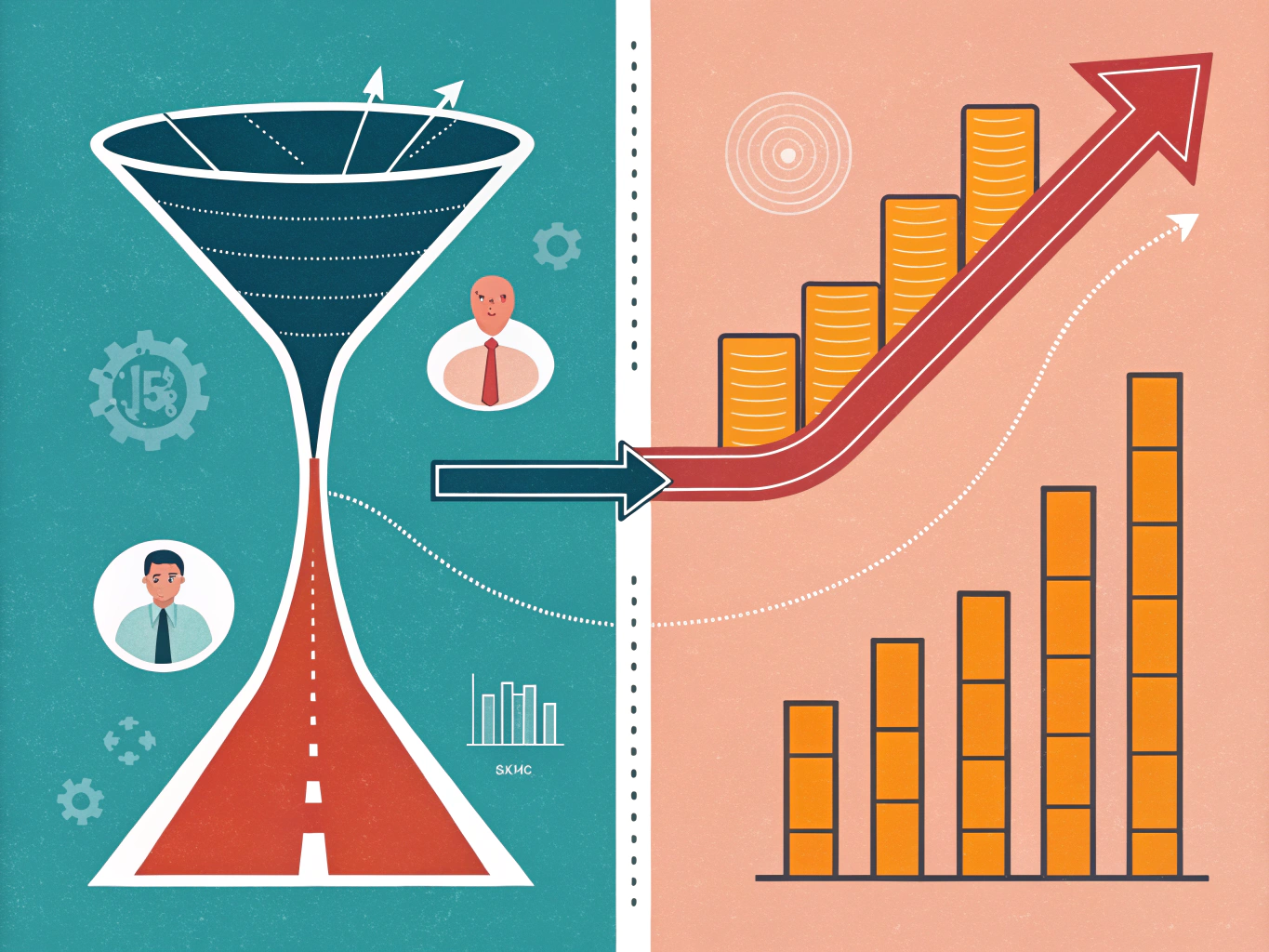 EDITORIAL ILLUSTRATION: A split-screen visual metaphor showing two complementary paths: on the left, a funnel narrowing do...