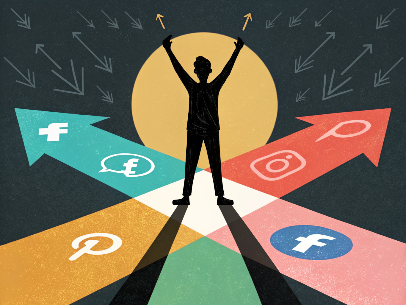 EDITORIAL ILLUSTRATION: A silhouetted figure standing at the intersection of multiple glowing pathways representing differ...