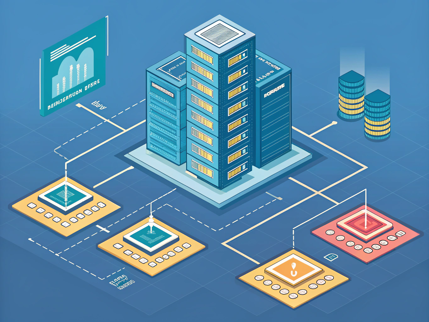 ISOMETRIC ILLUSTRATION: A layered website architecture shown from a 45-degree angle. Bottom layer shows clean HTML structu...