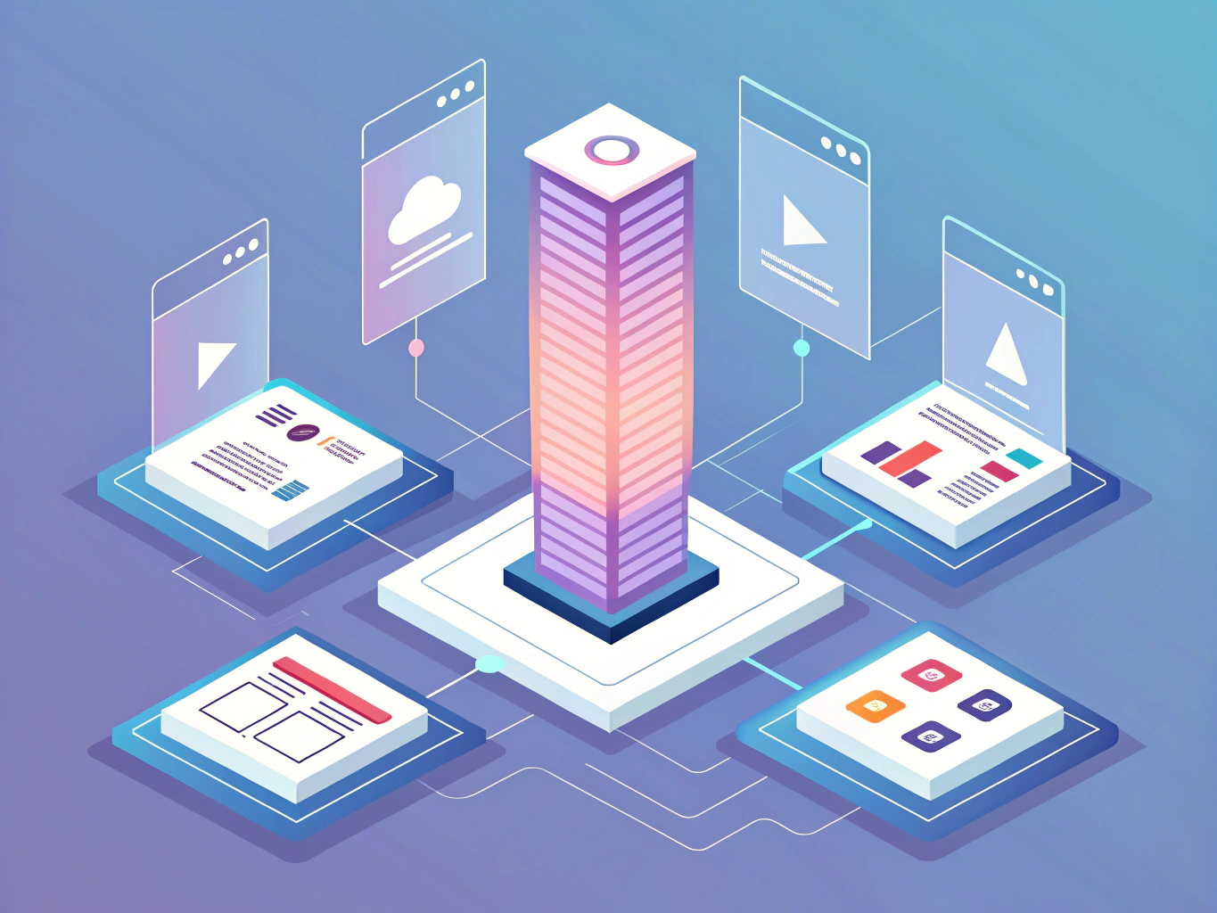 ISOMETRIC ILLUSTRATION: A three-dimensional landscape showing a central pillar page (tall, glowing structure) surrounded b...