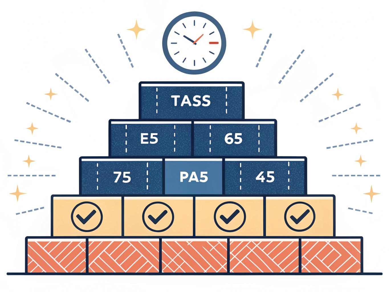 EDITORIAL ILLUSTRATION: En stiliserad timeline visar fem provpass som staplade byggstenar, två i mörk blå (kvantitativ), t...