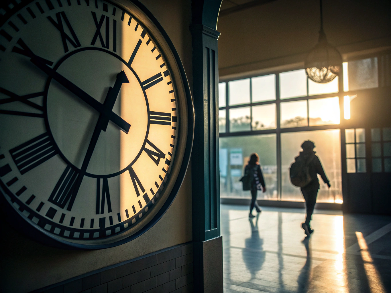CINEMATIC PHOTOGRAPHY: A large clock face showing 08:10 in sharp focus, with soft morning light streaming through a window...