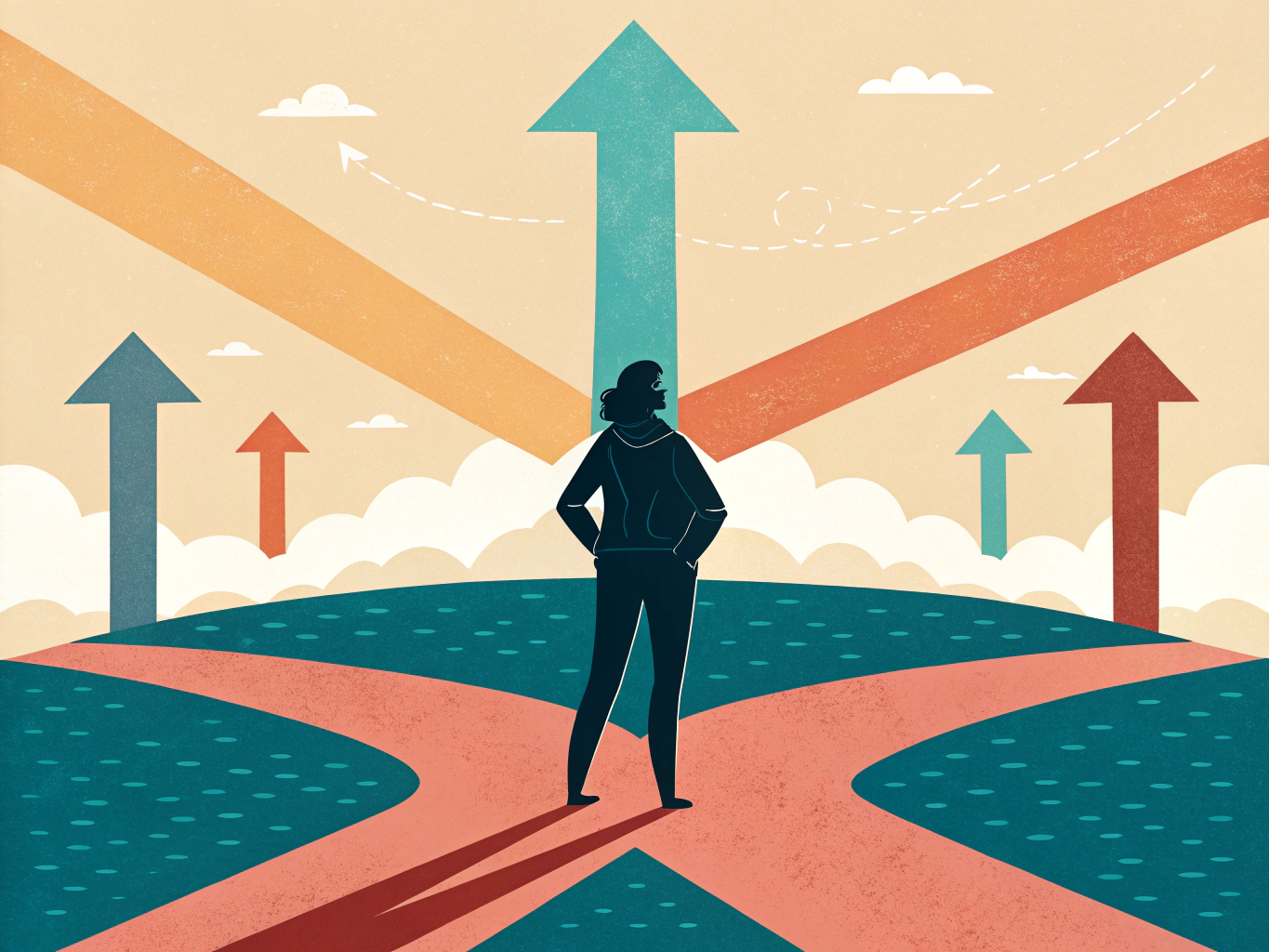EDITORIAL ILLUSTRATION: A silhouetted figure standing at a crossroads where multiple pathways branch outward, each path gl...