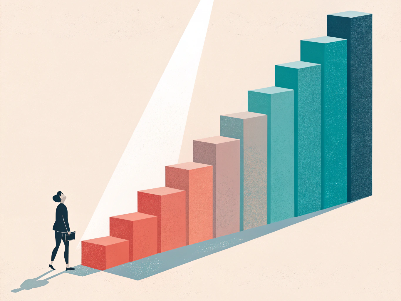 EDITORIAL ILLUSTRATION: A vertical bar chart rendered as ascending geometric blocks in gradient shades from soft coral to ...