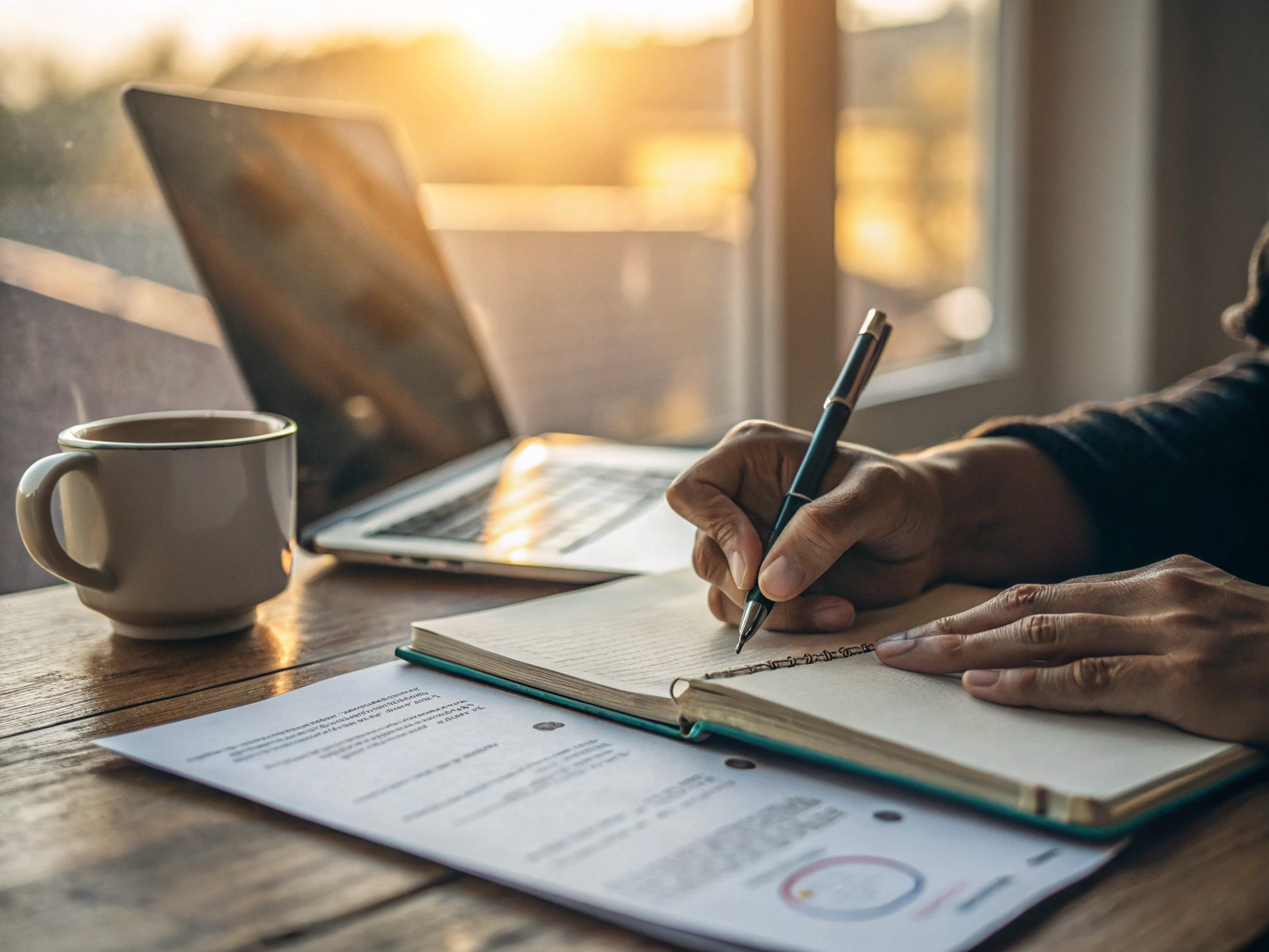 CINEMATIC PHOTOGRAPHY: A close-up of hands writing notes on a study plan spread across an open notebook, with a laptop and...