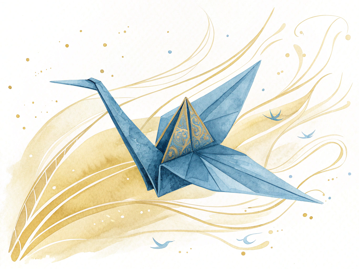 WATERCOLOR PAINTING: A single origami crane in soft indigo and gold mid-flight, trailing delicate brushstrokes that dissol...