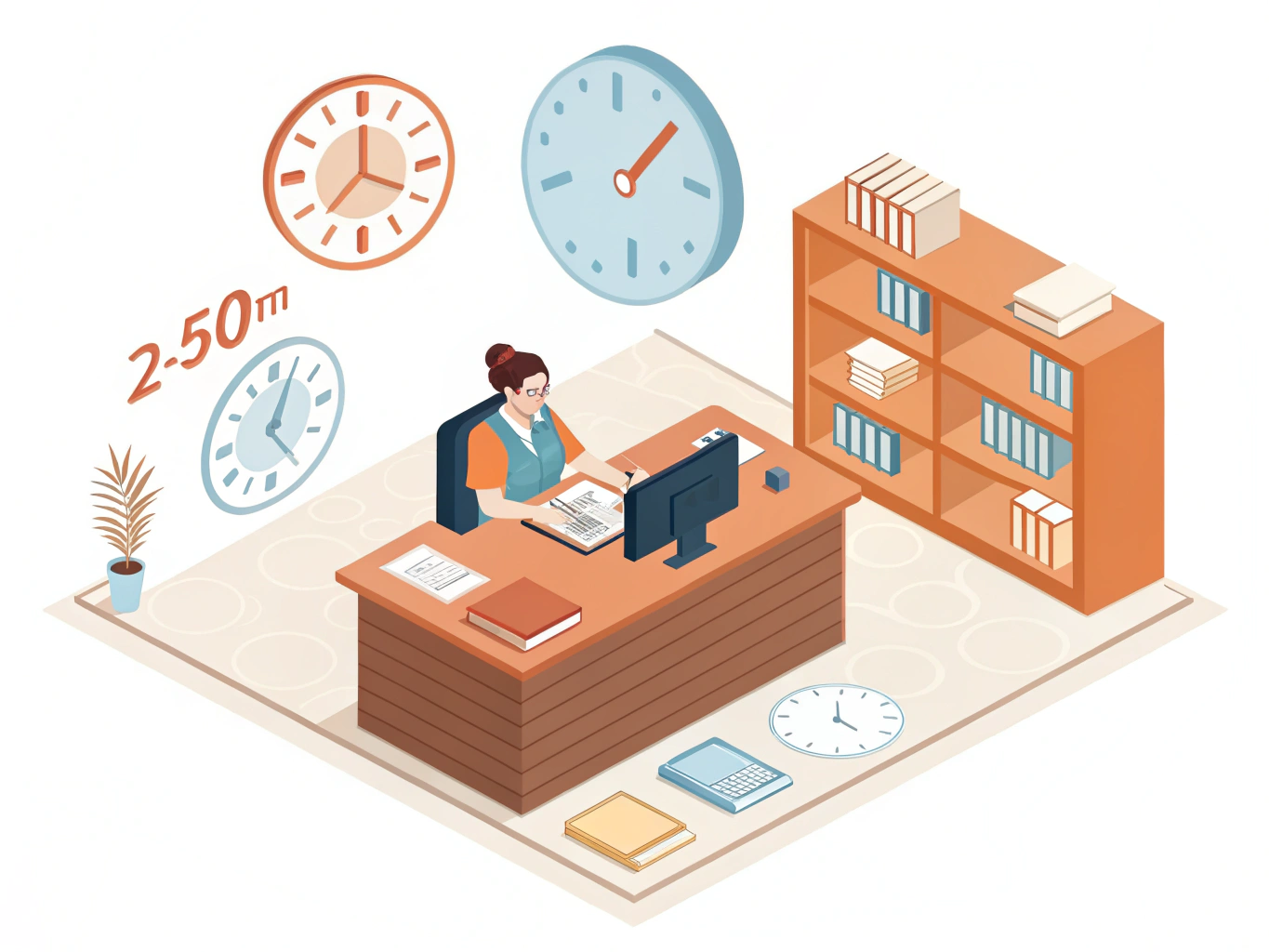 ISOMETRIC ILLUSTRATION: En 3D-vy av en provlokal sett från 45-graders vinkel. En figur sitter vid ett skrivbord med provhä...